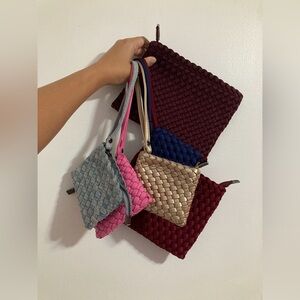 Set of 6 Pink Navy Blue, Denim, Light Gold, Burgundy Wine Red Woven Clutch Pouch